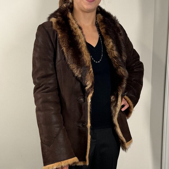 BRANCO PELLE Luxe Shearling & Suede Winter Coat Jacket Brown & Tan Size Small